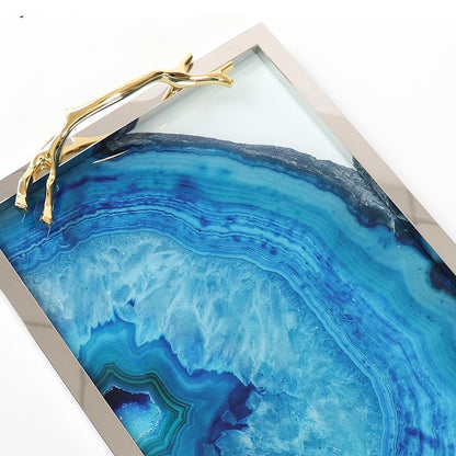 Decoratief Dienblad met Blauwe Agaatpatroon – Elegant Serveerblad met Glazen Inleg en Edelstalen Rand – Uniek Natuursteen Design voor Tafel en Interieur