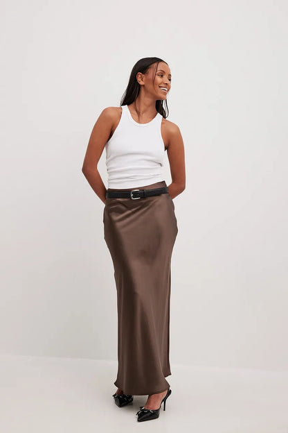 Midi Rok met Hoge Taille - Elegante Glanzende Damesrok Satijn