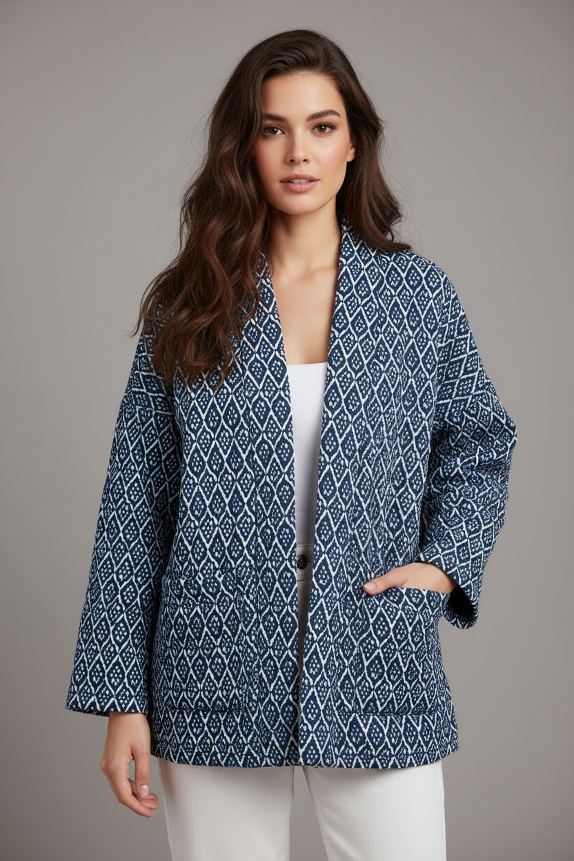 Navy blue geometric pattern jacket front view