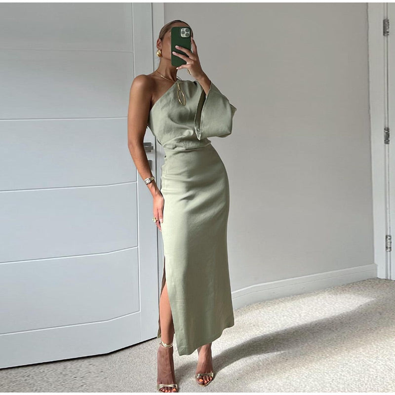 Vrouwelijke Maxi Jurk Elegante Enkelschouder Stijl - StudioMarella