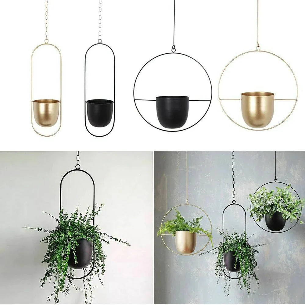 Hangende Plantenpot Metaal Wandmontage Zwart & Goud Minimalistisch Design voor Binnen