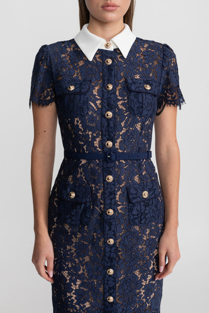Midi Jurk Dames Marineblauw Bloemenkant met Kraag en Ceintuur