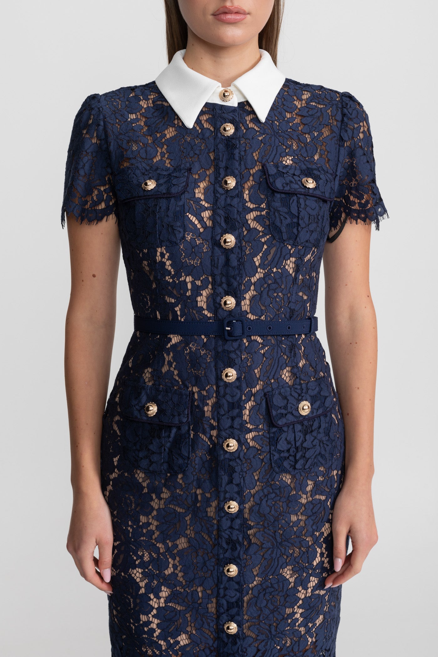 Bloemenkant Jurk Dames Marineblauw Met Kraag en Ceintuur