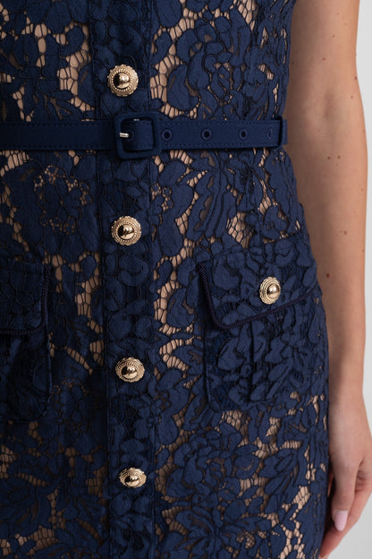Bloemenkant Jurk Dames Marineblauw Met Kraag en Ceintuur