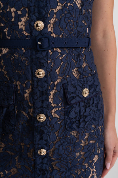 Midi Jurk Dames Marineblauw Bloemenkant met Kraag en Ceintuur