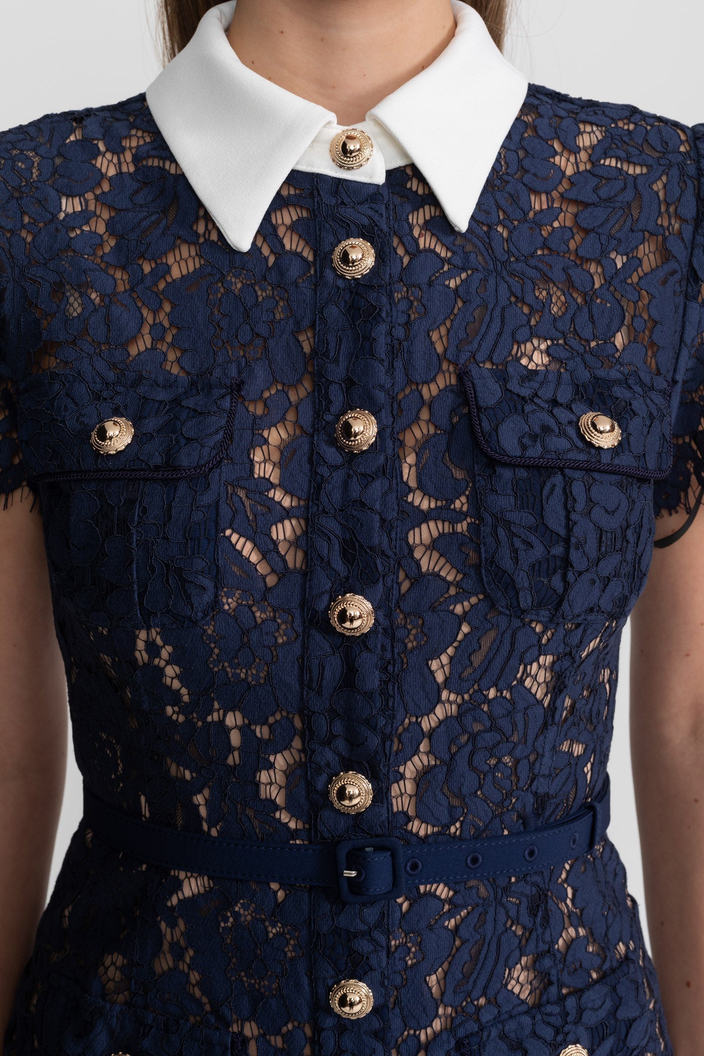 Bloemenkant Jurk Dames Marineblauw Met Kraag en Ceintuur