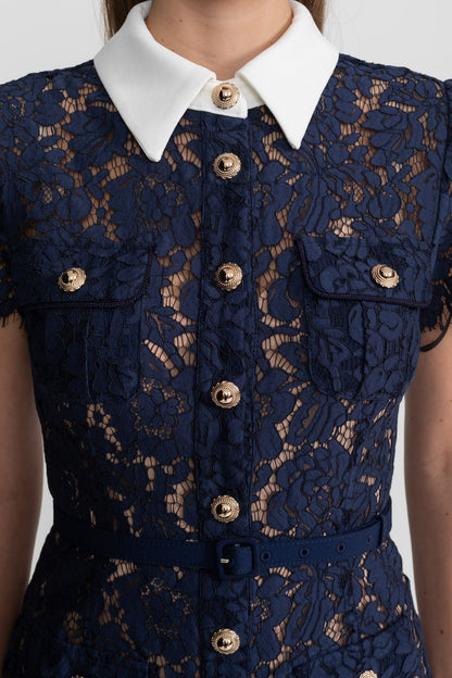 Bloemenkant Jurk Dames Marineblauw Met Kraag en Ceintuur