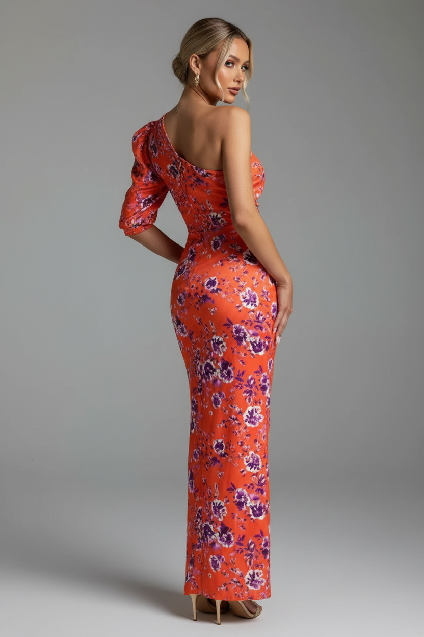 Orange floral one-shoulder maxi dress back angle grey background