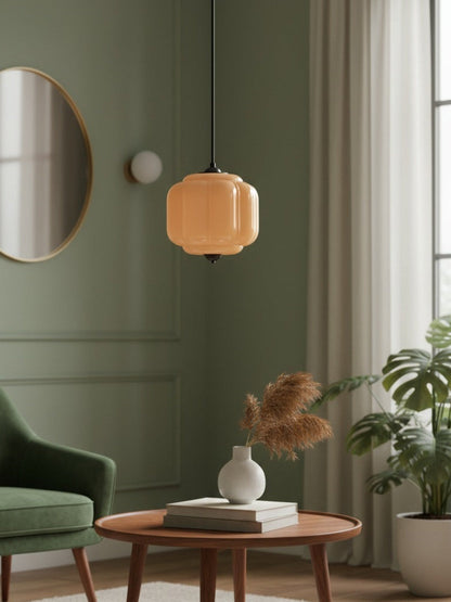 Vintage Kroonluchter met Crèmekleurige Glazen Kappen – Hanglamp in Retro-Stijl voor Eetkamer & Woonkamer