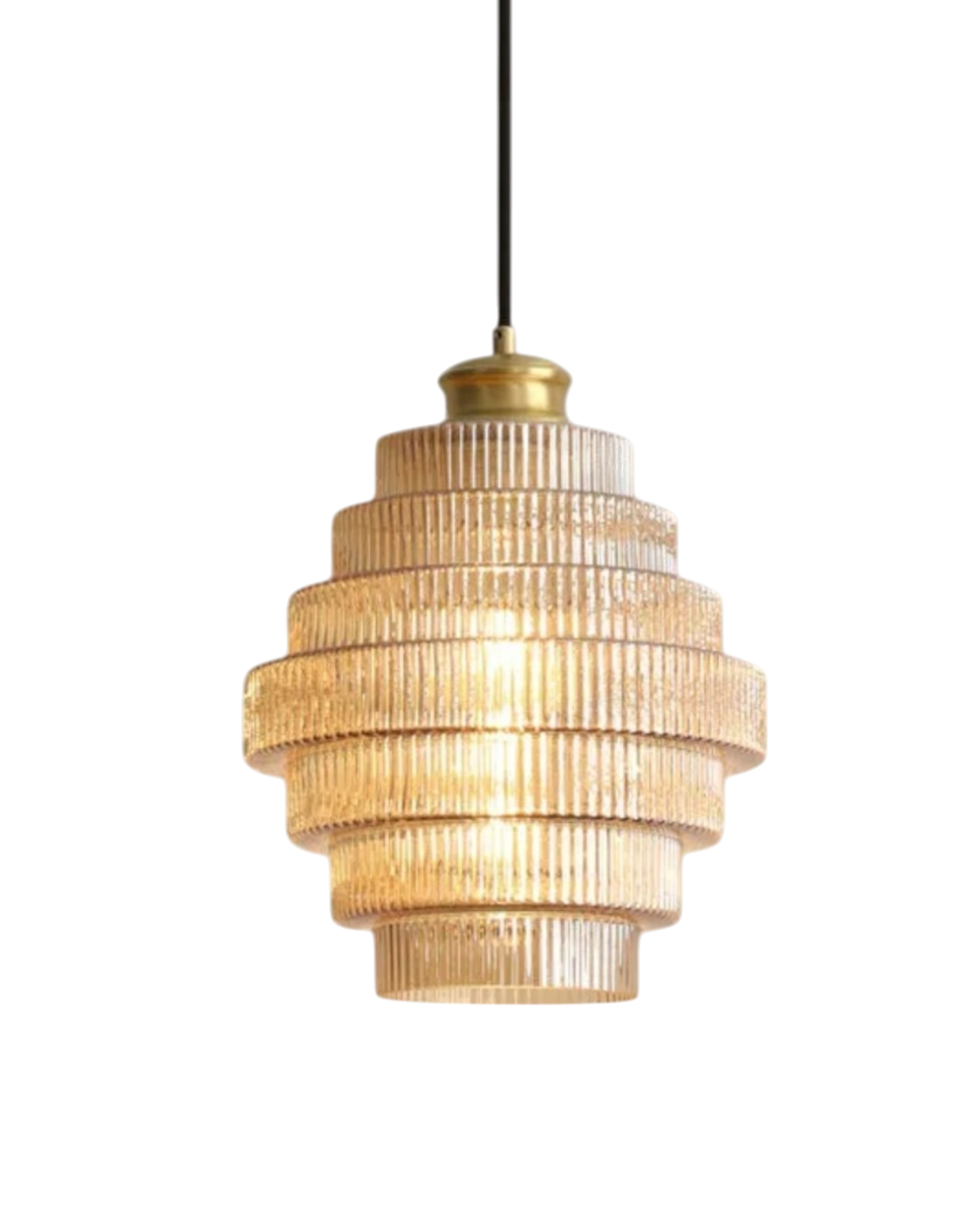 Moderne trapsgewijze glazen hanglamp met gouden detail voor eetkamer en woonkamer – luxe design verlichting
