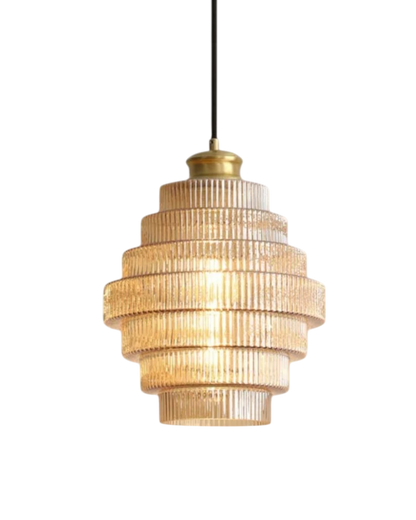 Moderne trapsgewijze glazen hanglamp met gouden detail voor eetkamer en woonkamer – luxe design verlichting
