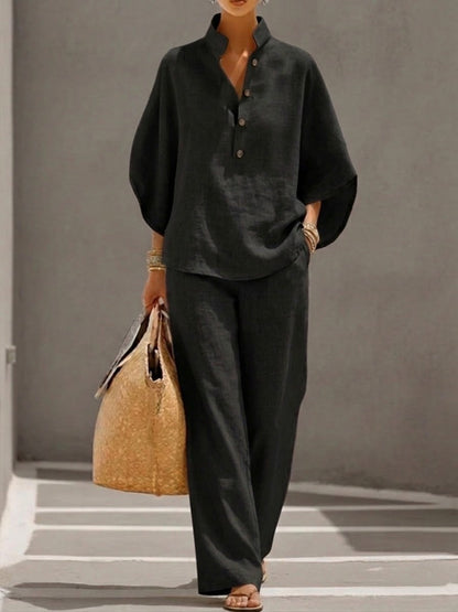 Dames Tweedelige Set Tweed Vleermuismouw Wijde Broek