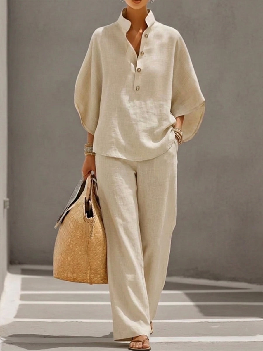 Dames Tweedelige Set Tweed Vleermuismouw Wijde Broek
