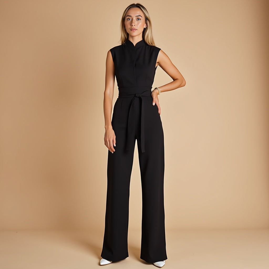 Mouwloze Jumpsuit Zomerjurk met Ceintuur en Hoge Kraag