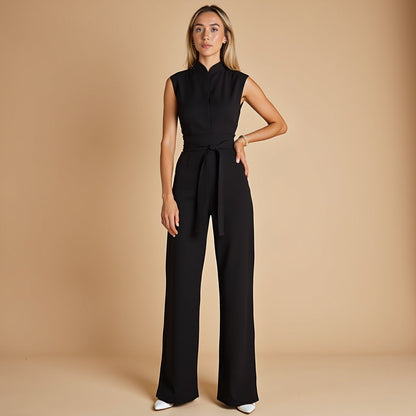 Mouwloze Jumpsuit Zomerjurk met Ceintuur en Hoge Kraag