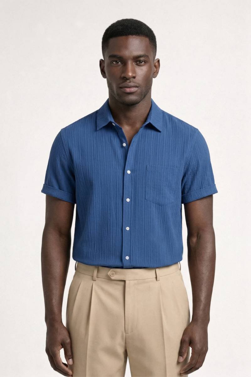 Overhemd Heren - Casual Gestreept | Korte Mouwen Zakje - Gestreept Blauw