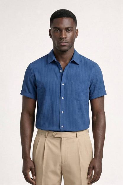 Overhemd Heren - Casual Gestreept | Korte Mouwen Zakje - Gestreept Blauw