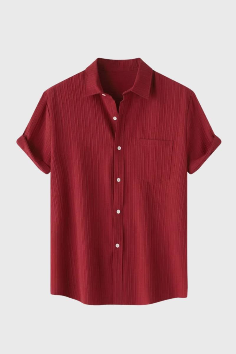 Overhemd Heren - Casual Gestreept | Korte Mouwen Zakje - Gestreept Bordeaux