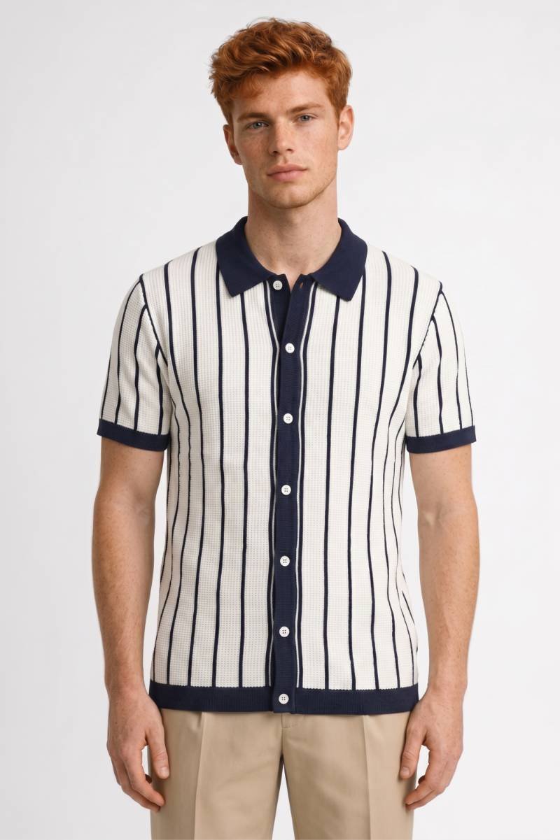 Overhemd Heren - Gestreept met Korte Mouwen | Casual — Gestreept Navy Wit