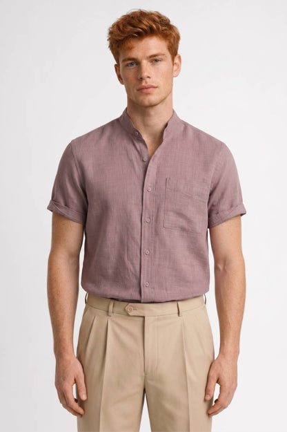 Overhemd Heren - Korte Mouw met Opstaande Kraag | Casual — Roze