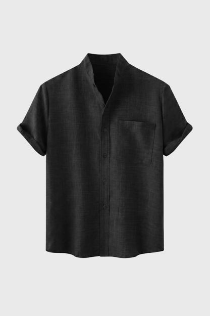 Overhemd Heren - Korte Mouw met Opstaande Kraag | Casual — Zwart