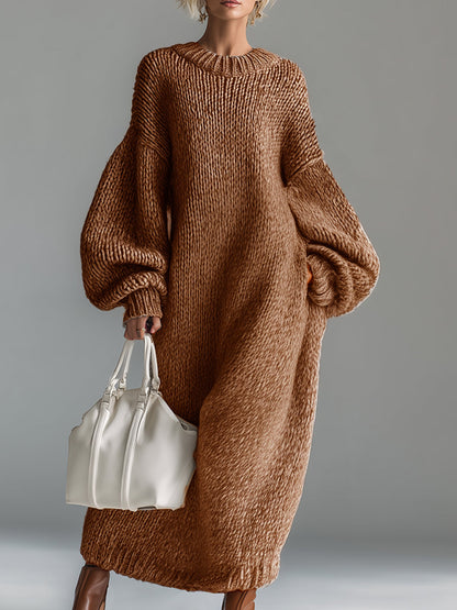 Dames Maxi Jurk Gebreid Khaki Rond Hals Gemêleerd