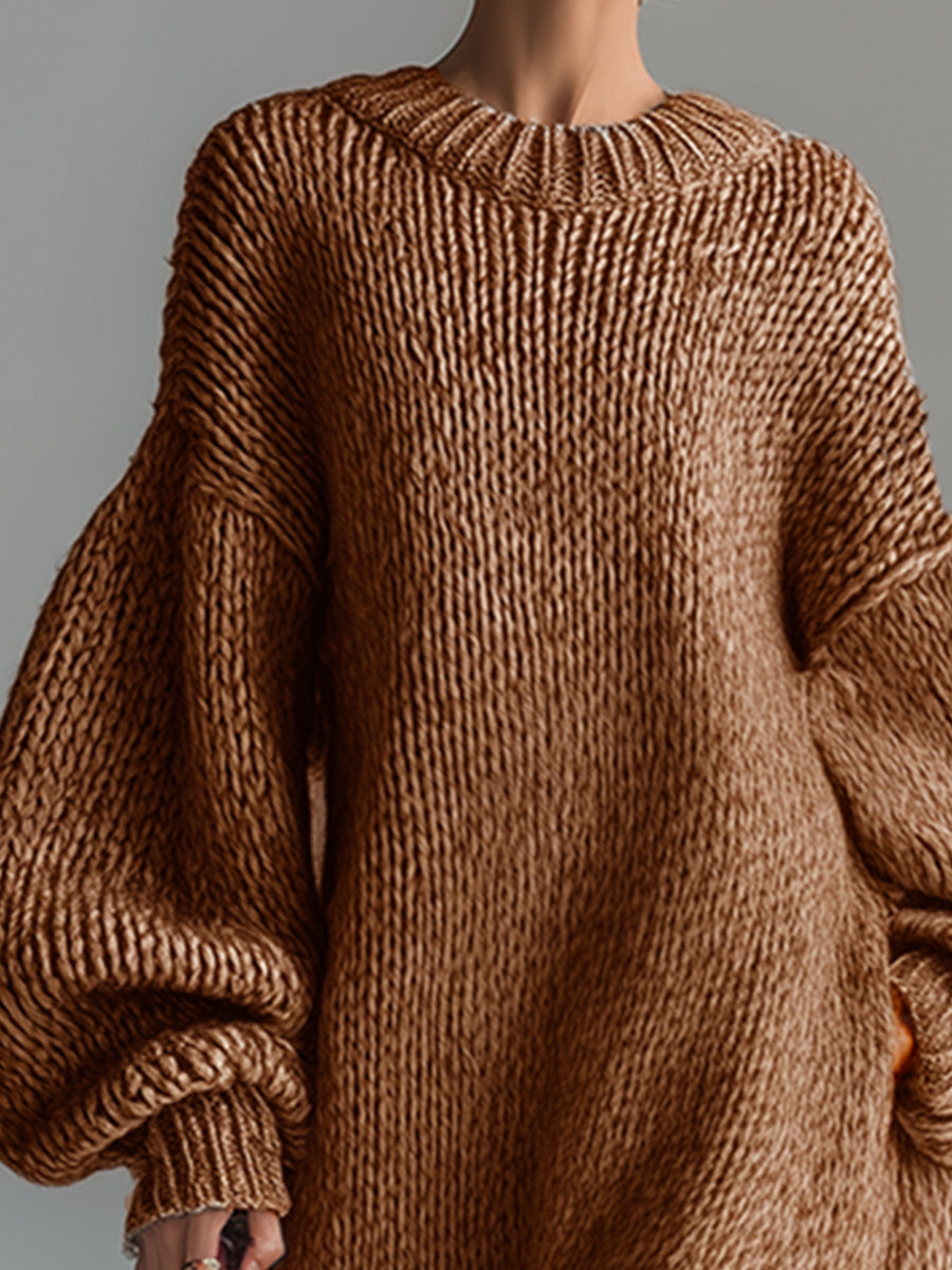 Dames Maxi Jurk Gebreid Khaki Rond Hals Gemêleerd