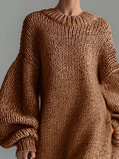 Dames Maxi Jurk Gebreid Rond Hals Gemêleerd Khaki Kleur