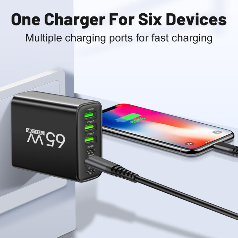 Universele USB Oplader 65W 6 Poorten Zwart Wit Geel Multidevice voor Kantoor Thuis Reis