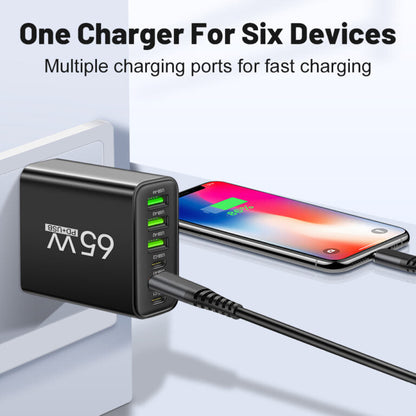Universele USB Oplader 65W 6 Poorten Zwart Wit Geel Multidevice voor Kantoor Thuis Reis