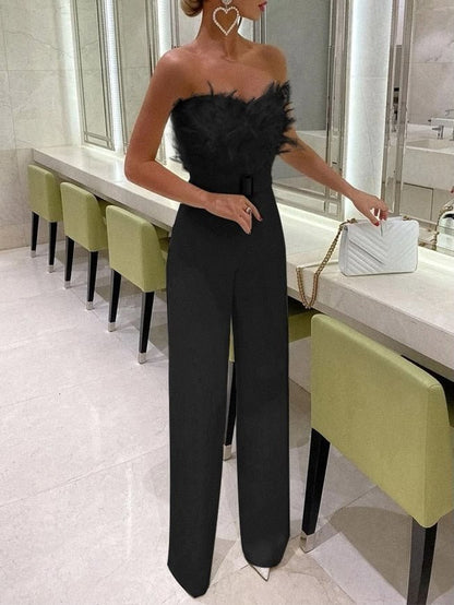 Luxe Jumpsuit Lange Mouwen met Veren Decoratie - StudioMarella