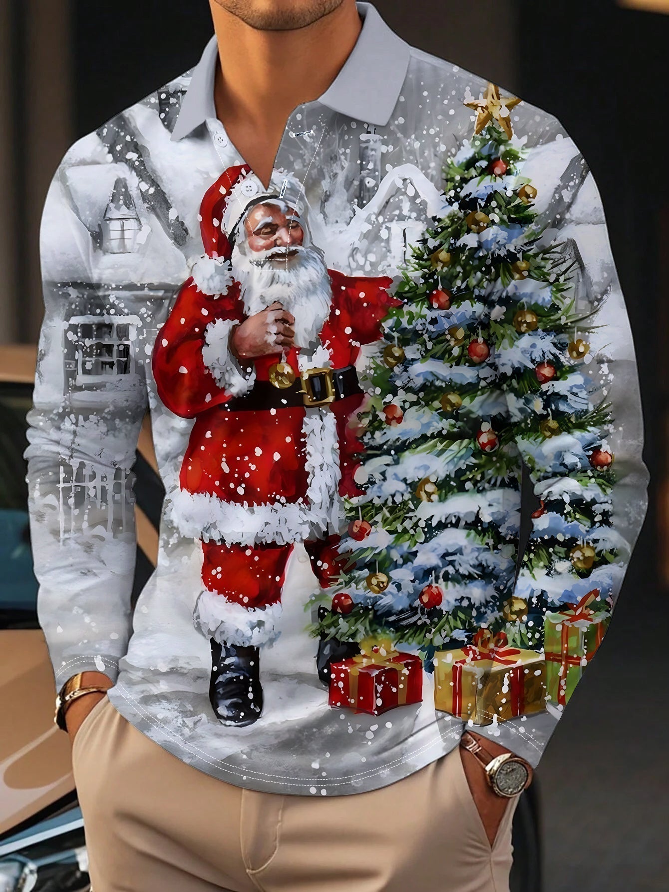 Kerstrui voor Mannen Lange Mouw Feestelijke Kerstprint - StudioMarella