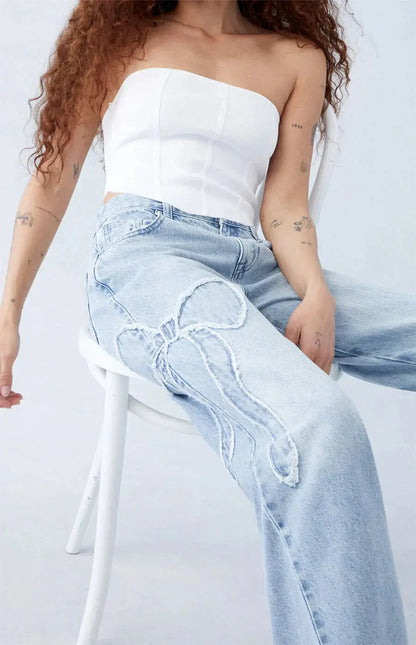 Rechte Jeans Met Patches Wijde Pijpen Dames