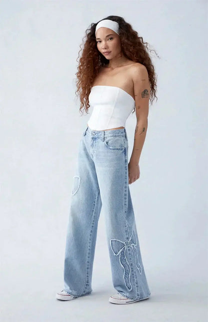 Rechte Jeans Met Patches Wijde Pijpen Dames