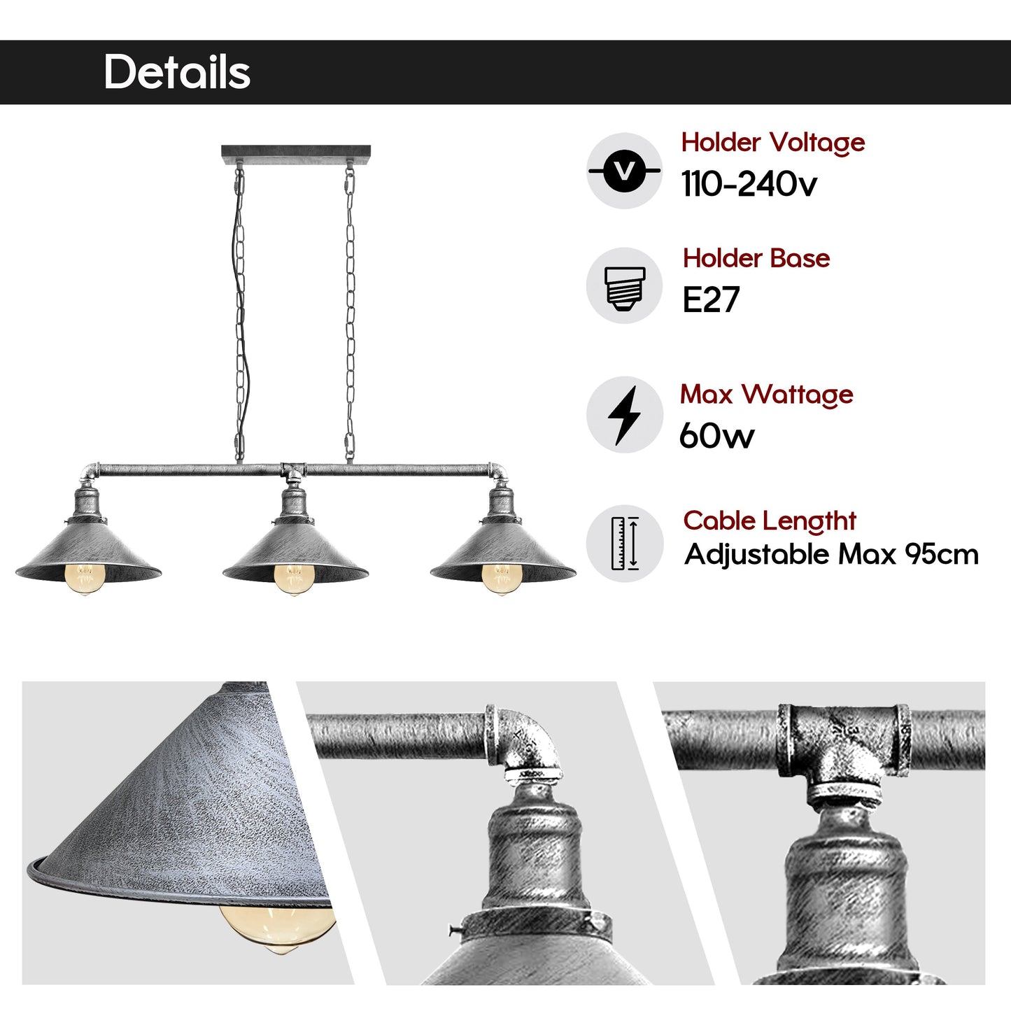 Plafondlamp Industrieel Steampunk Metaal Zwart 3-Lichts E27 Vintage Eetkamer Keuken