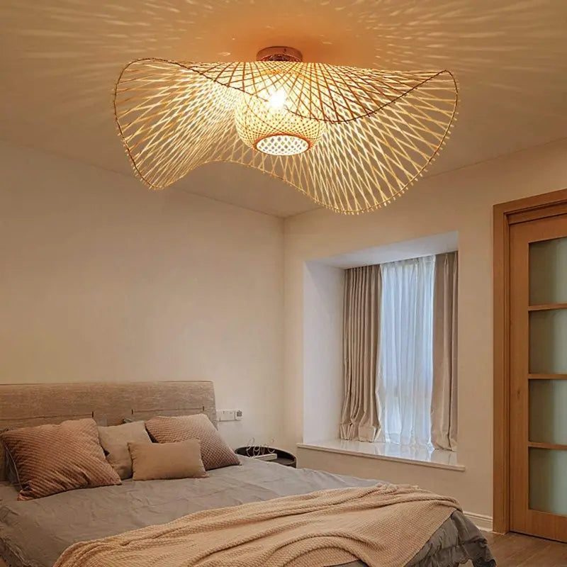Plafondlamp Rotan Vintage Bamboe Beige 45cm E27 Warm Licht