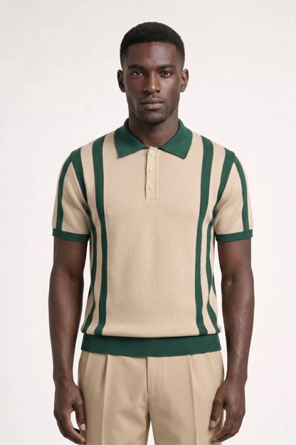 Polo Heren - Gestreept Design met Korte Mouwen | Retro — Gestreept Beige Groen