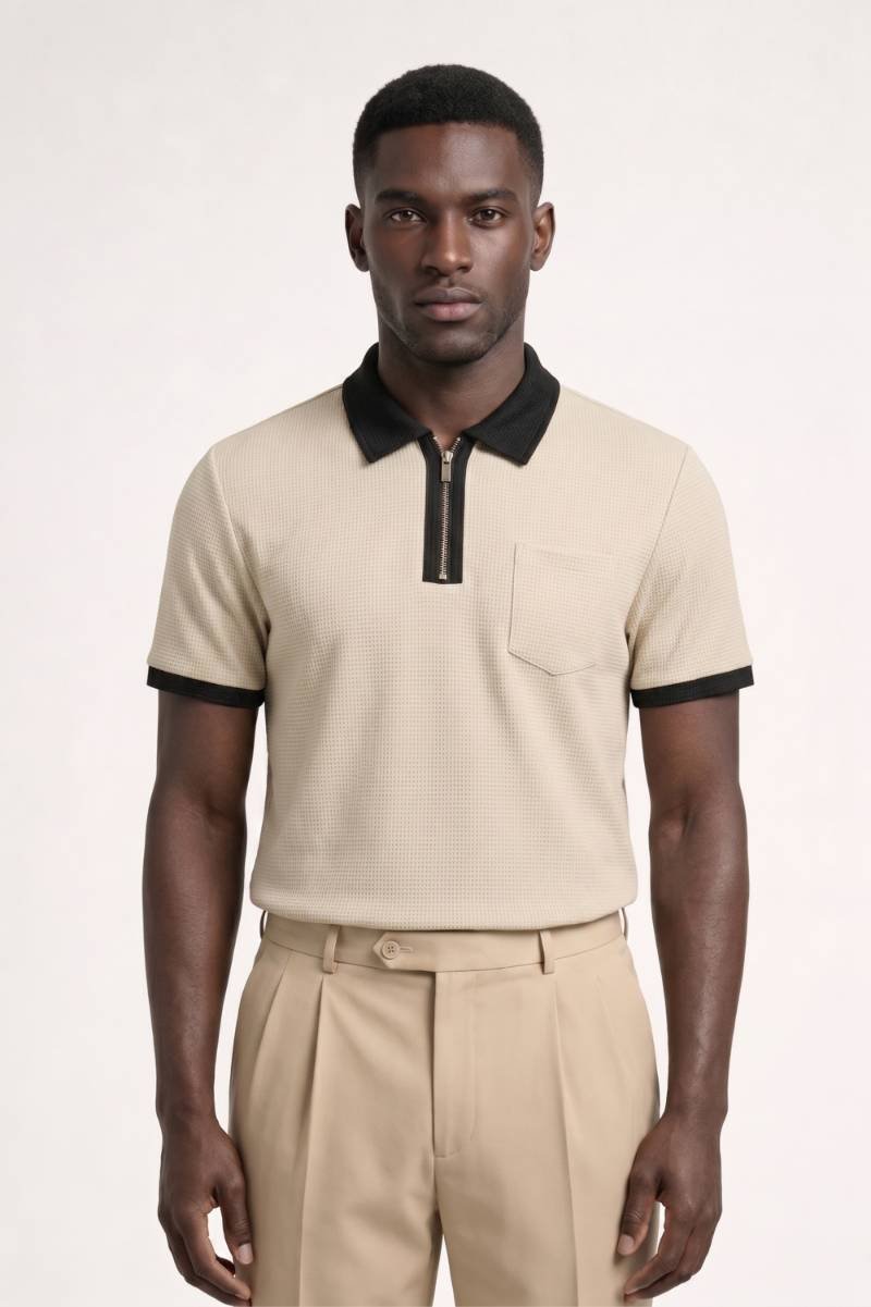 Poloshirt Heren - Gestructureerd met Contrastkraag | Klassiek — Beige