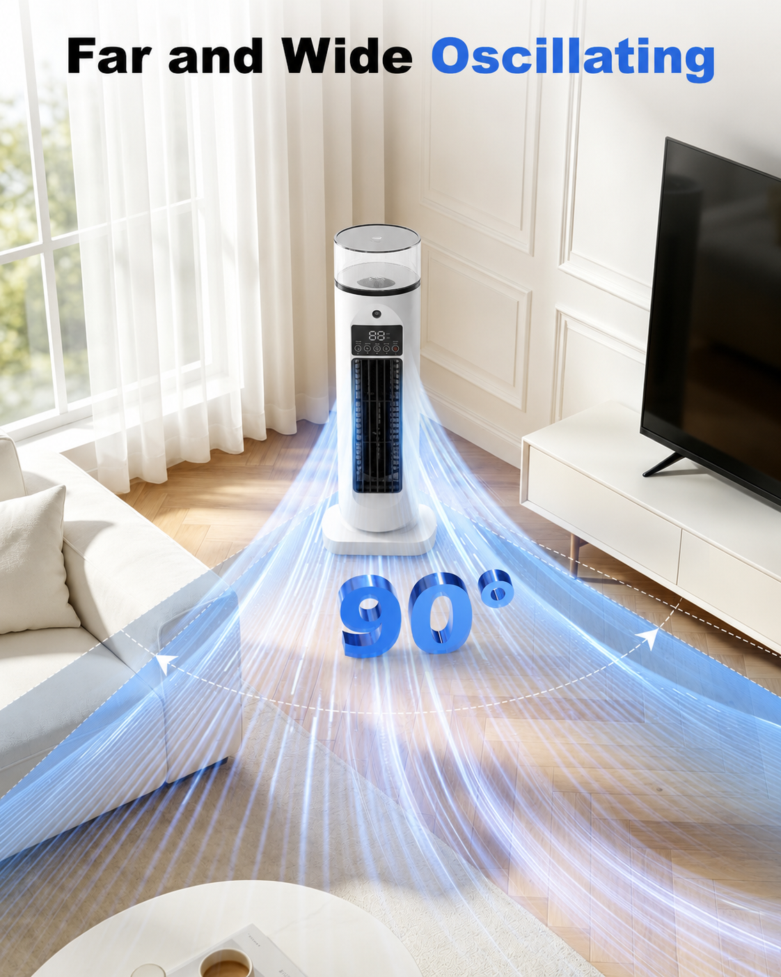 Mobiele 4-in-1 Kamerkoeler met Afstandsbediening Timer en Wielen voor Slaapkamer Kantoor Woonkamer Verkoeling