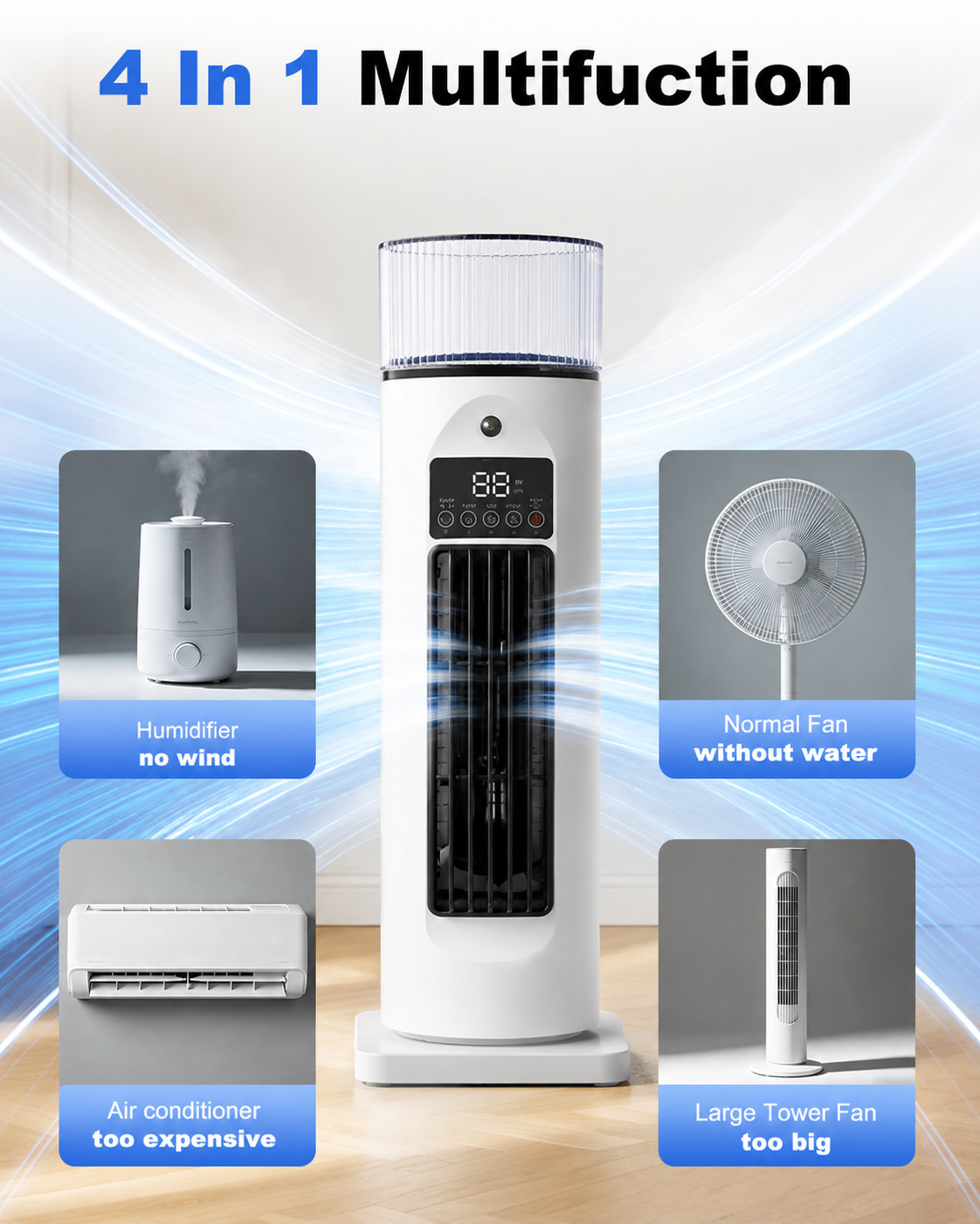 Mobiele 4-in-1 Kamerkoeler met Afstandsbediening Timer en Wielen voor Slaapkamer Kantoor Woonkamer Verkoeling