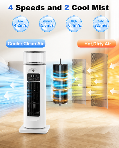 Mobiele 4-in-1 Kamerkoeler met Afstandsbediening Timer en Wielen voor Slaapkamer Kantoor Woonkamer Verkoeling