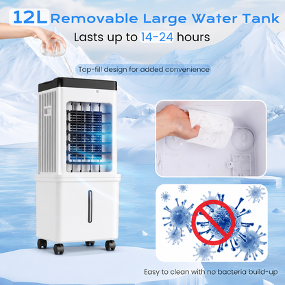 Mobiele Verdampingskoeler 12L Watertank Afstandsbediening Timer Verrijdbaar Energiezuinig Ruimtekoeling Woonkamer