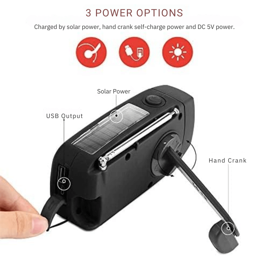 Noodradio met Handdynamo, Zaklamp & Powerbank | AM/FM Radio op Zonne-energie