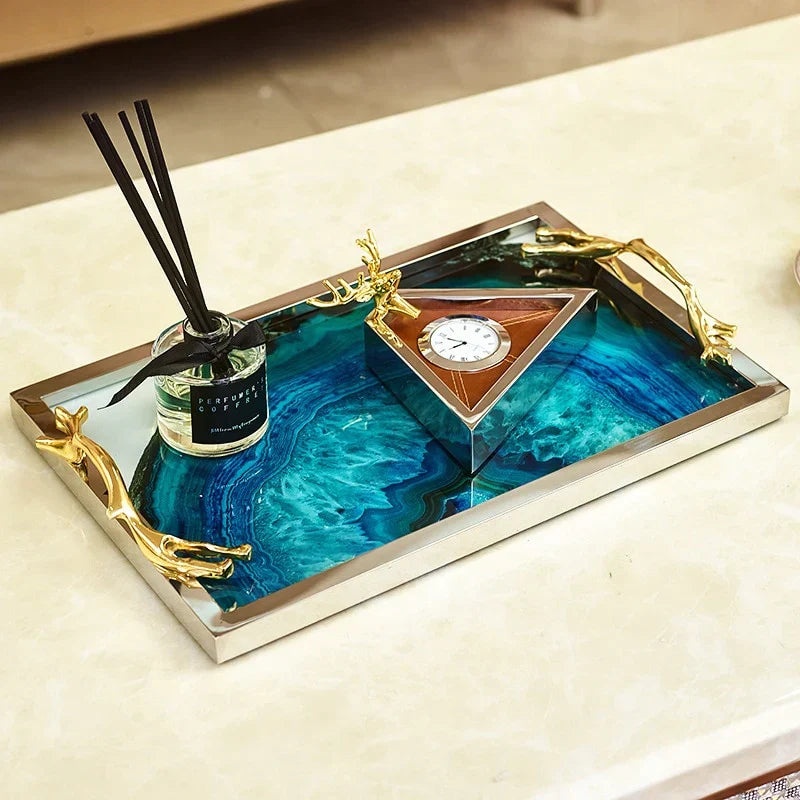 Decoratief Dienblad met Blauwe Agaatprint – Rechthoekig en Rond Glas met RVS Frame – Stijlvolle Serveerplank voor Drankjes en Hapjes