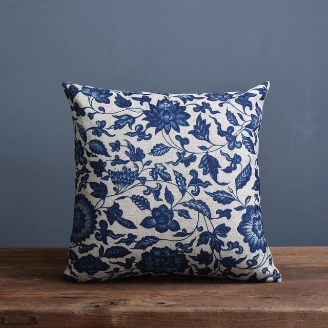 Blauw Porselein Sierkussenhoes Met Klassiek Chinees Patroon En Linnen Look