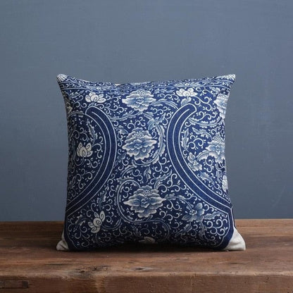 Blauw Porselein Sierkussenhoes Met Klassiek Chinees Patroon En Linnen Look