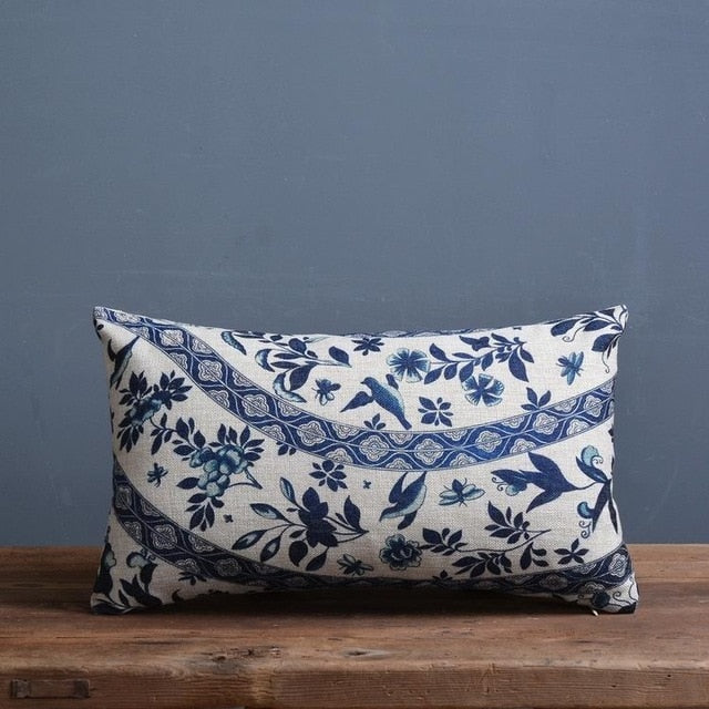Blauw Porselein Sierkussenhoes Met Klassiek Chinees Patroon En Linnen Look