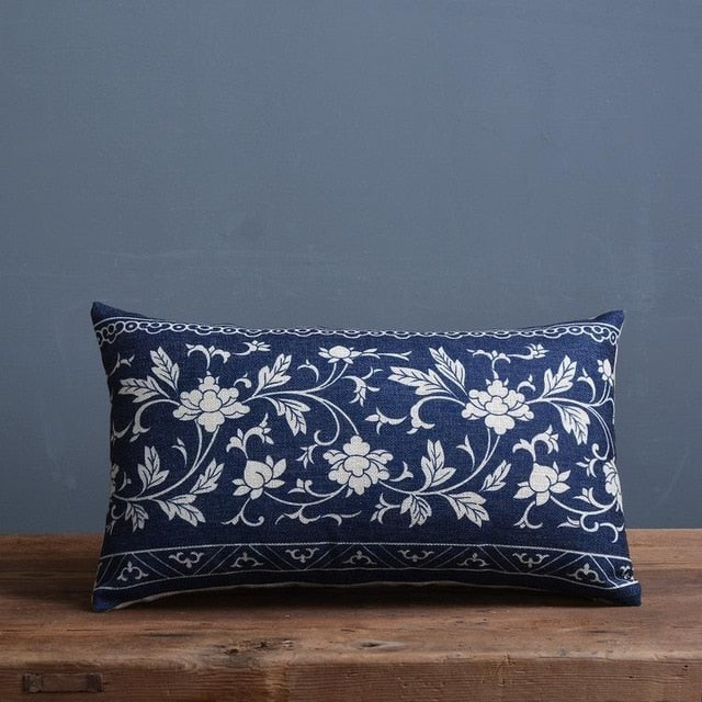 Blauw Porselein Sierkussenhoes Met Klassiek Chinees Patroon En Linnen Look