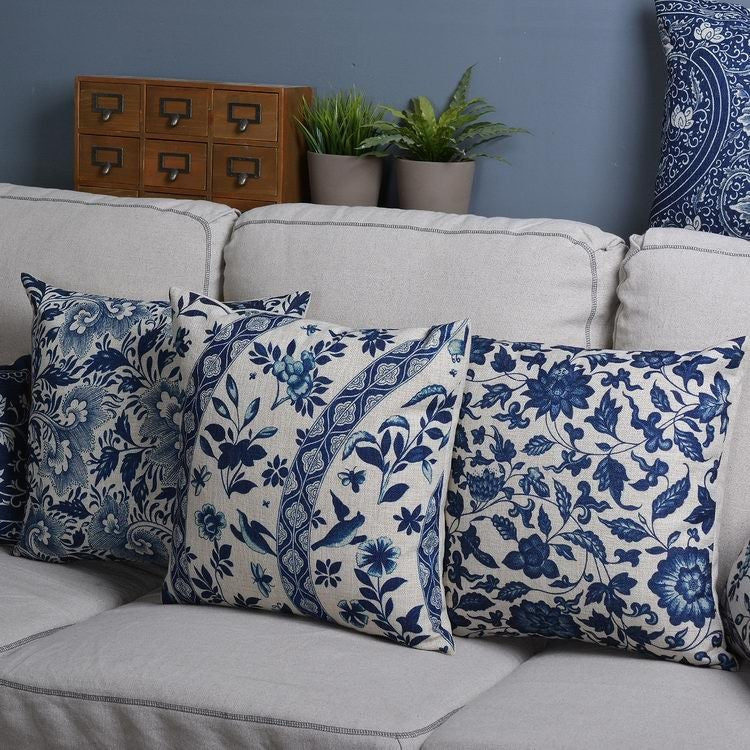 Blauw Porselein Sierkussenhoes Met Klassiek Chinees Patroon En Linnen Look