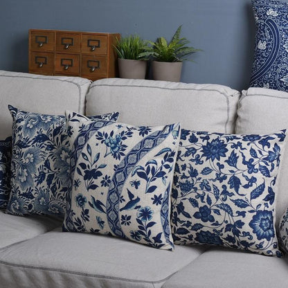 Blauw Porselein Sierkussenhoes Met Klassiek Chinees Patroon En Linnen Look